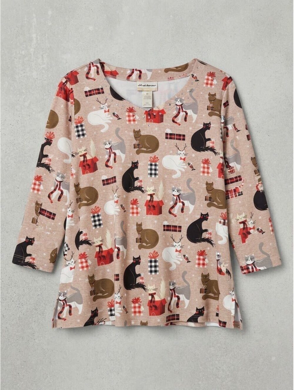 Alfred Dunner Woman Holiday Christmas Cats Plaid Gifts Rhinestone Top Size 3X